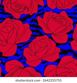 Abstract Line Drawing Roses Seamless Vector Pattern with Zebra Tiger Stripes Isolated Background