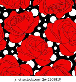 Abstract Line Drawing Roses Seamless Vector Pattern with Random Polka Dots Isolated Background
