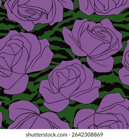Abstract Line Drawing Roses Seamless Vector Pattern with Zebra Tiger Stripes Isolated Background
