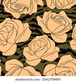 Abstract Line Drawing Roses Seamless Vector Pattern with Zebra Tiger Stripes Isolated Background