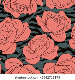 Abstract Line Drawing Roses Seamless Vector Pattern with Zebra Tiger Stripes Isolated Background