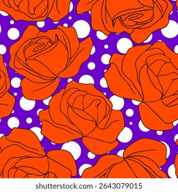 Linha abstrata desenhando rosas Padrão de vetor sem emenda com pontos de polka aleatórios fundo isolado