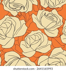 Abstract Line Drawing Roses with Stripes Seamless Vector Pattern Isolated Background
