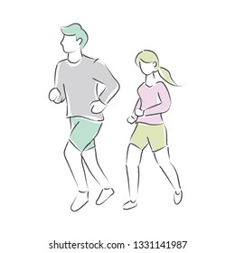 Abstract line drawing of Running men and women. Running people illustration in line hand drawn style.  Vector illustration  