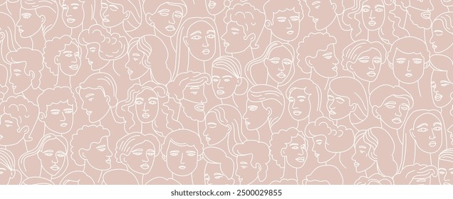 Abstract line drawing seamless pattern of various faces. Gender-neutral and multicultural themes with a minimalist style. Modern and artistic portrayal of diversity. Vector Illustration white on beige