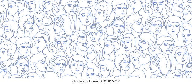 Abstract line drawing seamless pattern of diverse people portraits. Hand-drawn vector art of a modern, multicultural group. Vector Illustration, blue on white
