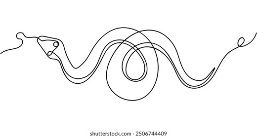 Abstract line drawing of a snake coiling with intricate curves and loops on a white background