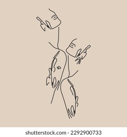 Abstract line drawing of two girls. Beauty, fashion, self care concept. Vector illustration.