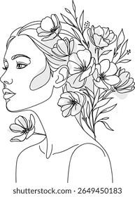 Abstract Line Drawing of a Woman with Flowers  Minimalist Nature-Inspired Feminine Silhouette for Decor and Branding