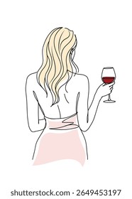 Abstract Line Drawing of Woman Holding Wine Glass – Minimalist Back Silhouette for Tattoos and Product Design