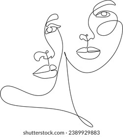 Abstract line drawing of a woman and a man's face. Line art print. Cosmetics logo. Fashion sketch