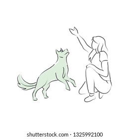 Abstract line drawing a Young woman with her dog. Owner and pet illustration in line hand drawn style. Woman with dog Sketch Vector illustration - Vector