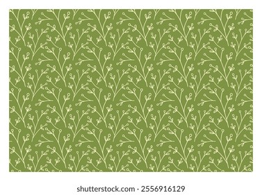 Abstract line drawn pattern of branches and leaves. Vector collection for print, cards, packaging and other design with natural herbs. On green background.