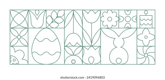 Abstract line easter geometric eggs, bunny, tulips, candle. Spring outline easter eggs poster.