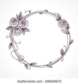 Abstract Line Elegant Floral Frame As Element For Wedding , Birthday, Valentines Day And Other Romantic Design. Wreath Of Rose Flowers