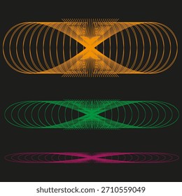 Abstract line elements. Concentric curve shapes. Color dynamic Vector set. Dark background graphic.