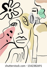 Abstract line face. Contemporary drawing in modern cubism style. Creative texture with brush strokes, freehand colors geometric elements, shapes. Aesthetic pastel collage
