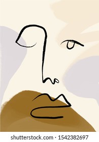 Abstract line face. Contemporary drawing in modern cubism style. Creative texture with brush strokes, freehand colors geometric elements, shapes. Aesthetic pastel collage
