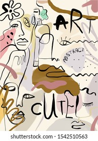 Abstract line face. Contemporary drawing in modern cubism style. Creative texture with brush strokes, freehand colors geometric elements, shapes. Aesthetic pastel collage
