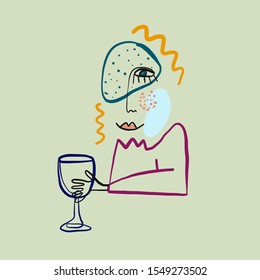 Abstract line face. Contemporary drawing in modern cubism style. Portrait of a woman face isolated on colorful pastel textures with shapes.
