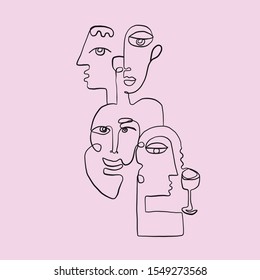 Abstract line face. Contemporary drawing in modern cubism style. Portrait of a woman face isolated on colorful pastel textures with shapes.
