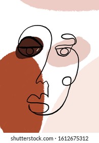 Abstract line face. Contemporary drawing woman  in modern cubism style. Portrait of a human, minimal Scandinavian art, creative design 