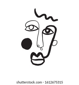 Abstract line face. Contemporary drawing woman  in modern cubism style. Portrait of a human, minimal Scandinavian art, creative design 