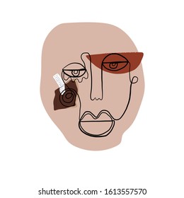 Abstract line face. Contemporary drawing in modern cubism style. Portrait of a woman face isolated on colorful pastel textures with shapes.