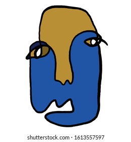 Abstract line face. Contemporary drawing in modern cubism style. Portrait of a woman face isolated on colorful pastel textures with shapes.