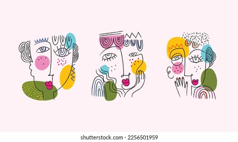 Abstract line face portrait set vector illustration. Contemporary drawing in modern style.