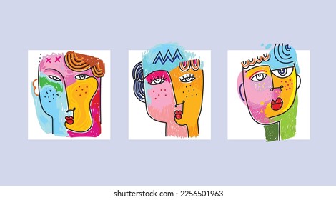 Abstract line face portrait set vector illustration. Contemporary drawing in modern style.