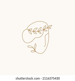 Abstract line face, woman head with leaves. Greek goddess, aphrodite with wreath. Logo, outline emblem. Modern art, vector design.