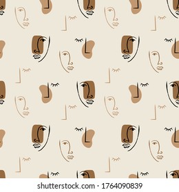 Abstract line face women seamless pattern, Modern abstract faces illustration and shapes, Vector Background Fashion print one line minimalist Style in earthy neutral colors.