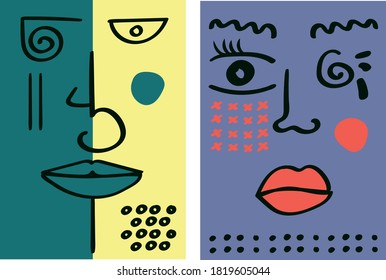 Abstract line faces. Colorful minimalism contour drawing heads, geometric shapes in cubism style. Vintage elegant print. Vector illustration for textile. 
