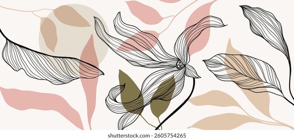 Abstract line flower and earth tone color Background. Wallpaper design with floral, leaves in line art and watercolor. Botanical Illustration for banner, card, packaging, interior, ads.