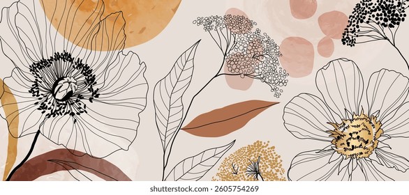 Abstract line flower and earth tone color Background. Wallpaper design with floral, leaves in line art and watercolor. Botanical Illustration for banner, card, packaging, interior, ads.