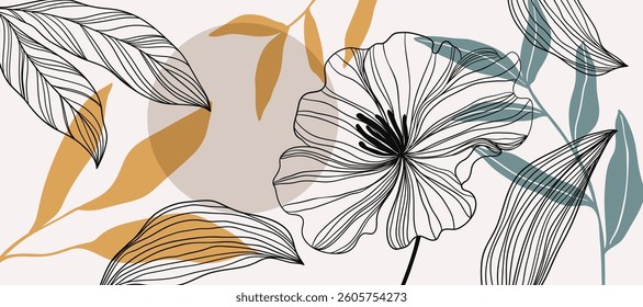 Abstract line flower and earth tone color Background. Wallpaper design with floral, leaves in line art and watercolor. Botanical Illustration for banner, card, packaging, interior, ads.