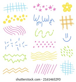 Resumen Forma de línea Doodle Mano Dibujo Pluma Pinza Marcador Pincel Tinta Crítica Malla Polkadot Flor Sonrisa Estrella Colección Set Ilustración Vector