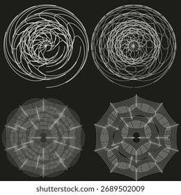 Abstract line forms. Dynamic swirl pattern. Two complex Vector shapes. Dark monochrome background. EPS 10.