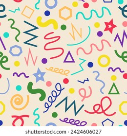 Abstract line geometric doodle shape collection seamless pattern. Creative background set for kids.