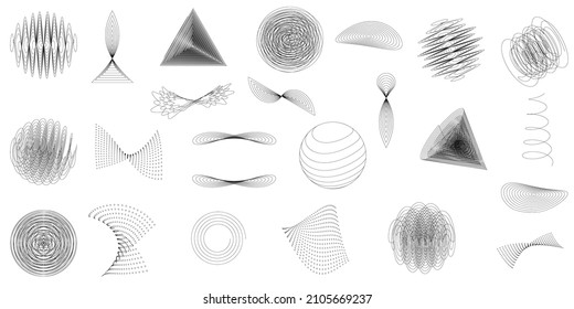 Abstract line geometric shapes set. Futuristic graphic elements. Retro futurism collection. Modern art design with circles, triangles, 3d abstract dotted shapes. Vector illustration.