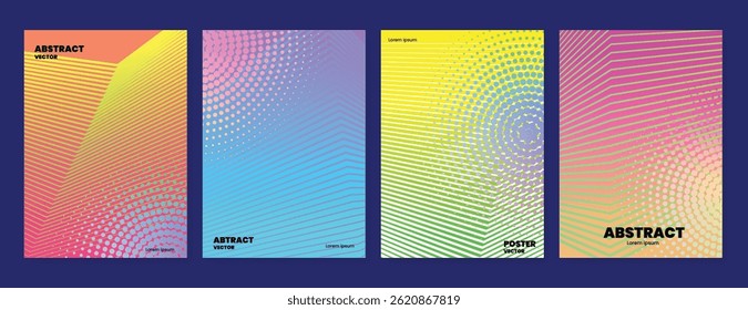 Abstract line gradient poster background vector set. Minimalist cover template with vibrant perspective line wave. Ideal design for social media, cover, flyer, music, ads.