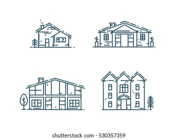 Conjunto de iconos de las casas de líneas abstractas. Diferentes colecciones de propiedades en estilo lineal plano aisladas en ilustraciones vectoriales blancas