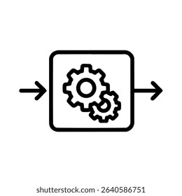 Abstract line icon of a compiler, symbolizing the transformation of code with gears and arrows. Isolated vector design.