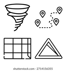 Abstract Line Icon Set Featuring Tornado Swirl, Location Route with Pins, Calendar Grid, and Warning Triangle Symbols in Minimal Outline Style Isolated on White Background for Web and App Design