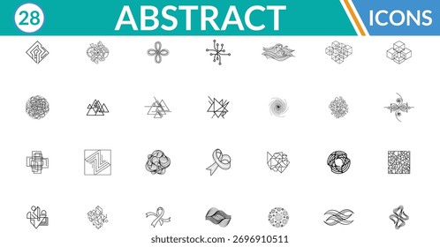 Symbolsatz für abstrakte Linien. Einschließlich geometrischer Rhombus, komplizierter Wirbel, Vierpunkt-Stern, Netzknoten, Wellenmuster, hexagonale Anordnung, organischer Klecks, Schleife. Vektorgrafik mit Linien.