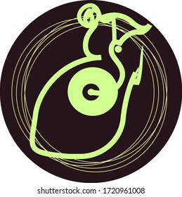 Abstract line illustration.The girl listens to music on a background of amusic plate 