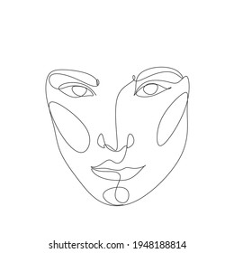 Abstract Line Illustration, Minimal Face Drawing In Lines. Fashion Sketch. Drawn Female Portrait, Minimalist Woman Art.