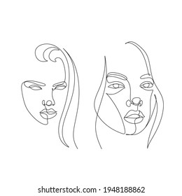 Abstract Line Illustration, Minimal Face Drawing In Lines. Fashion Sketch. Drawn Female Portrait, Minimalist Woman Art.