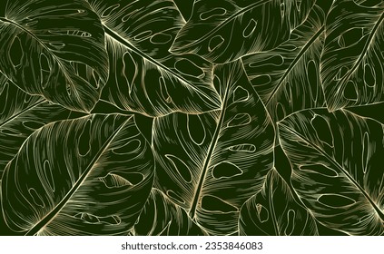 Abstract line leaves. Luxury gold monstera gradient dark green tropical background hand drawn.